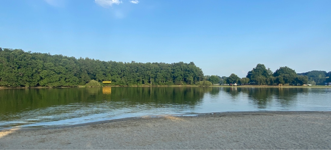 Paysage paisible au bord d'un lac, avec une eau calme reflétant un ciel bleu limpide et entouré d'une végétation luxuriante. La plage de sable au premier plan évoque la sérénité.