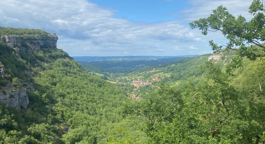 Une vallée verdoyante aux forêts denses, encadrée par des falaises rocheuses et une branche d'arbre. Un village au loin est visible sous un ciel bleu parsemé de quelques nuages.
