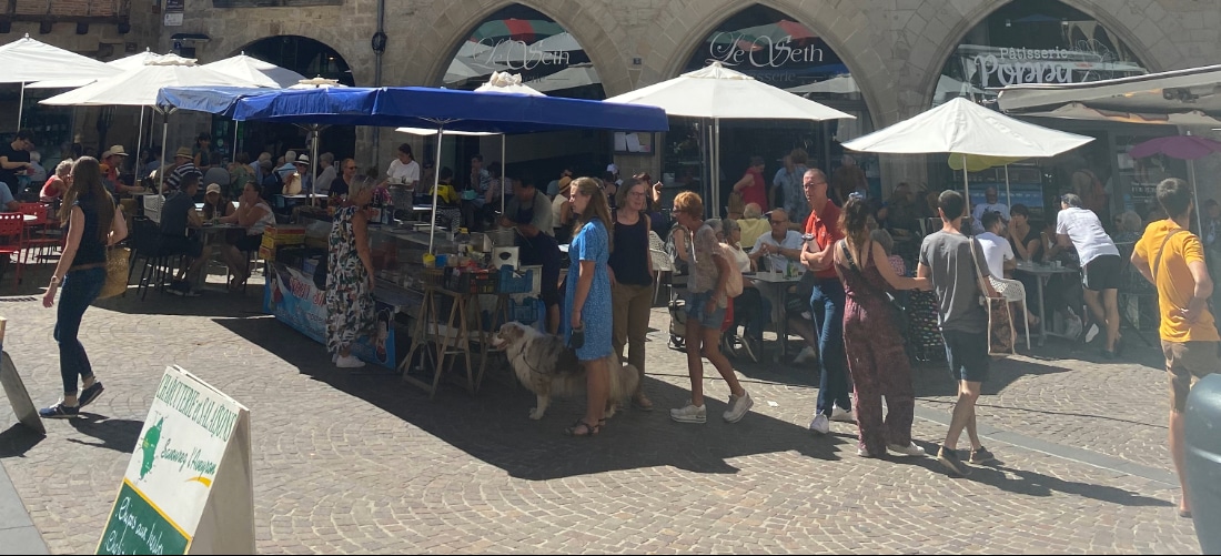 Une scène animée de marché en plein air, où des gens flânent et prennent leur repas sous des parasols blancs. Une femme promène son chien en passant devant un stand très fréquenté, abrité par une bâche bleue.