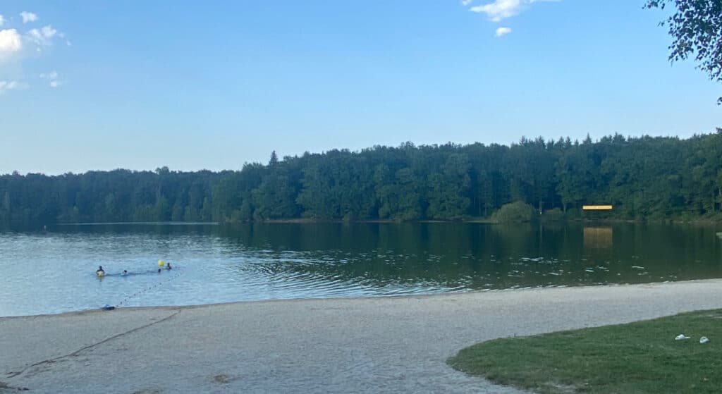 Une vue sereine sur le lac, avec une eau calme et trois nageurs. La plage de sable au premier plan mène à une rive bordée d'arbres, sous un ciel bleu limpide.