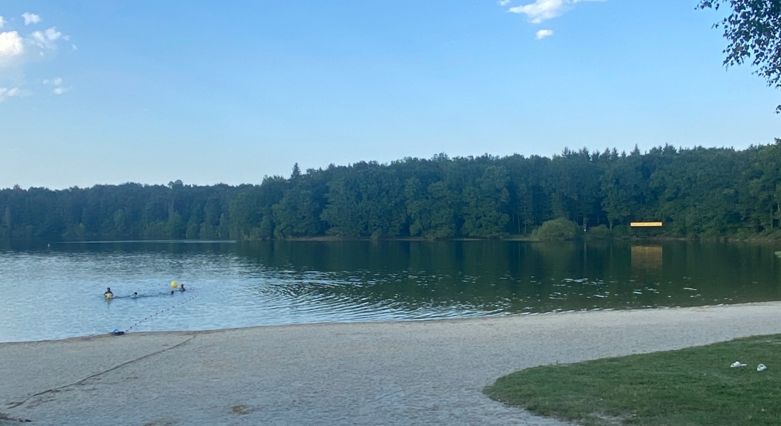 Une vue sereine sur le lac, avec une eau calme et trois nageurs. La plage de sable au premier plan mène à une rive bordée d'arbres, sous un ciel bleu limpide.